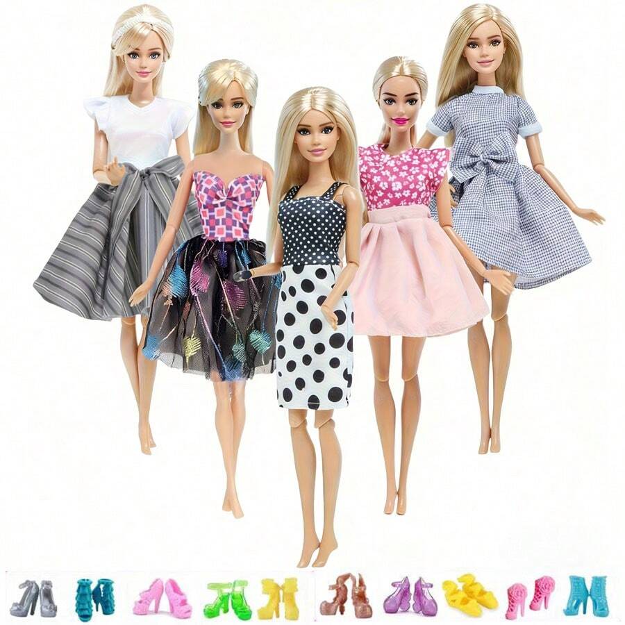 10pcs Fashion Doll Clothes Set, Suitable For 11.5 Inch Dolls, 5pcs Casual Dresses + 5 Pairs Fashionable Shoes, Doll Accessories, Polyester, Doll Combo (Doll Not Included) - Multicolor - View 1