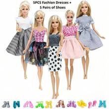 10pcs Fashion Doll Clothes Set, Suitable For 11.5 Inch Dolls, 5pcs Casual Dresses + 5 Pairs Fashionable Shoes, Doll Accessories, Polyester, Doll Combo (Doll Not Included) - Multicolor - View 12