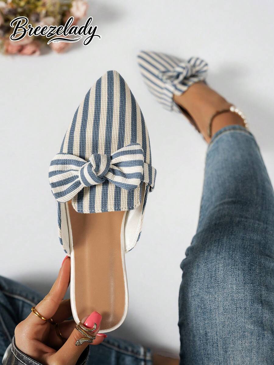 Breezelady Women's Spring/Autumn Korean Style Pointed Toe Light Blue Bowknot Vertical Striped Design Versatile Plus Size Flat Slip-On Mule Slippers, Casual & Slouchy Style, Fashion Indoor/Outdoor Leisure Home Slippers - 藍白色 - 查看 1