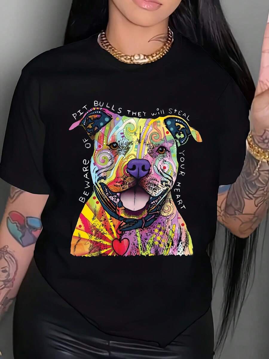 Women's Mother's Day T-Shirt Colorful Artistic Pit Bull Design Featuring Vibrant Dog Portrait With Text Beware Of Pit Bulls They Will Steal Your Heart Ideal For Casual Wear And Dog Lover Gifts Perfect For Spring Summer Seasons Great Gift For Pet Enthusiasts And Animal Lovers,Perfect For Celebrating Mother's Day, Perfect Gift For Mom And Grandma. Mother's Day Themed T-Shirt. - màu đen - Xem 1