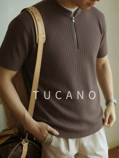 Tucano Men's Brown Vertical Striped Cardigan Knit Top, Retro Business Casual Short Sleeve Knit Sweater, Suitable For Office And Daily Wear