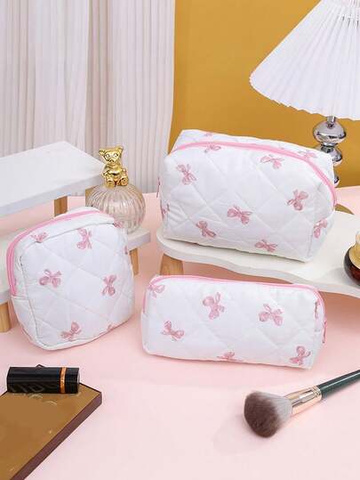 3 Piecescute Bow-Tie Makeup Bag Set, Portable Large-Capacity Heart-Shaped Toiletry Bag, Mini Makeup Bag, Sanitary Napkin Storage Bag, Student Pencil Case, Women's Makeup Bag, Stylish Foldable Commuter Makeup Bag, Makeup Brush Storage Bag, Elegant Makeup Bag.