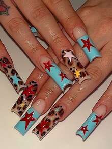 24Piece Long, Press On Nails Square Designs Include Leopard Print, Colorful Stars, And French Tips Accented With Red Stars And Rhinestones. These High-Quality Fake Nails Are Detachable, Reusable, And Versatile-Perfect For Young Women, Holidays, Gatherings, Parties, And Daily Wear - Multicolor - View 7