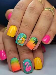 24 piezas de uñas postizas cortas cuadradas de cobertura completa y brillo para mujer, con patrones artísticos que incluyen puesta de sol colorida, océano, palmeras y playa, estilo romántico, minimalista y fresco - Multicolor - Ver 1