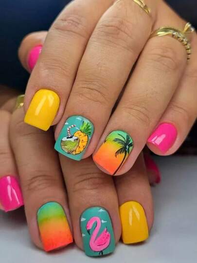 24Pcs Short Square Full Coverage Glossy False Nails For Women,Artwork Featuring A Colourful Sunset, The Ocean, Palm Trees And A Sandy Beach Nail Art,Romantic, Minimalist, Preppy Style