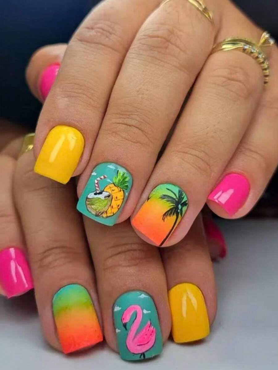 24 piezas de uñas postizas cortas cuadradas de cobertura completa y brillo para mujer, con patrones artísticos que incluyen puesta de sol colorida, océano, palmeras y playa, estilo romántico, minimalista y fresco - Multicolor - Ver 1