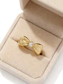 Women's Gold Bowknot Ring, Delicate Cubic Zirconia Accented Fashion Ring, Minimalist Cute Daily Wear Promise Ring Gift - Gold - View 2