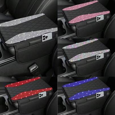 Flash Diamond Car Armrest Pad, Car Leather Armrest Cover With Two Storage Bags, GM Center Console Cover Diamond Car Interior Is Suitable For Most Cars, Multi-Color Diamonds.