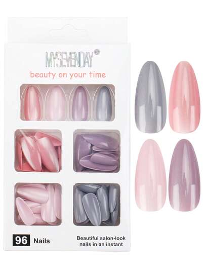 96片大容量杏仁形长指甲美白贴，可拆卸假指甲美白贴，四色可选，持久耐用，方便实用。