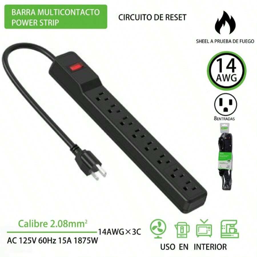 Regleta con Protector contra Sobretensiones de 8 Tomas, Cable de 3.3 pies con Interruptor Iluminado, para Hogar, Oficina, Colegio, Tienda y Garaje, 15A 125V 1875W, 14AWG, Negra - Tipo de Enchufe A USA (110-127V) - Ver 1