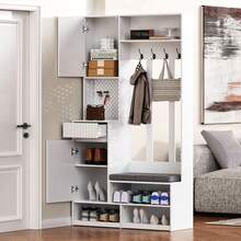 Wardrobe Set, Complete Hallway Wardrobe Set With Bench, 4 Coat Hooks, Doors And Drawers - White, Compact Dimensions 100*180*35 Cm (Width*Height*Depth) - White - View 2