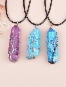 手工缠绕彩虹水晶柱生命之树吊坠项链，时尚简约饰品，独特个性化颈链 - 編織電鍍項鍊 - 查看 5