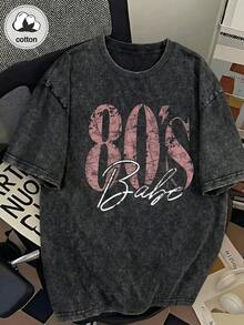 Camiseta gráfica retro de los 80 para mujer de talla grande - Camiseta holgada de talla grande con estampado de letras grandes, de manga corta, cuello redondo, lavada, adecuada para todas las estaciones, lavable a máquina, cómoda, ajuste relajado, diseño divertido, tela de algodón, adecuada para uso diario, estilo de ropa de calle retro, negro de verano - Negro - Ver 6