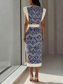 Women's Elegant Romantic Bohemian Vintage Geometric Sleeveless Round Neck Fitted Waist Zipper Back Slit Contrast Color Dress, Suitable For Spring And Summer - Multicolor - View 2