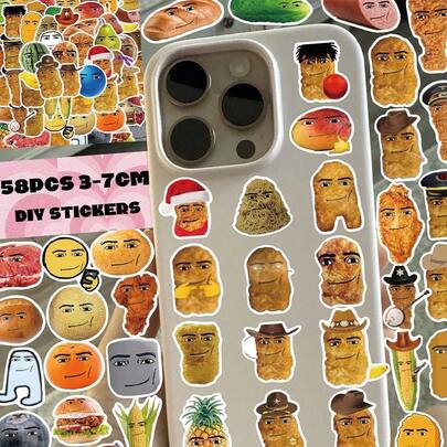 1pack/58PCS, Meme Stickers, PVC Material, Each Measuring 3 To 7 Centimetres, Creative Aesthetic Design Sticker, Each One Is Different, Applicable, Handwritten Journal, Tablet Computer, Notebook, Phone Case, Notebooks, Kindle, Pencil Case, Laptop, Motorcycle, Skateboarding, Scrapbook, Guitar, Lunchbox, Phone Cases, Power Bank, Earphone Protective Case, Fridge Magnet, Car Stickers, Adolescents And Adults DIY Handwritten Journal Decorative Stickers
