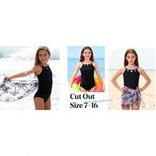 Girls One Piece Swimsuit With Mesh Cover Ups Adjustable Straps Cut Out Swimwear Bathing Suit Size 7-16 - Dark Blue Floral - View 10