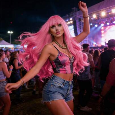 Tóc giả dài xoăn có mái, sóng lớn, màu sắc tươi sáng dành cho nữ, tóc giả hóa trang cá nhân hóa, phù hợp cho các dịp lễ, tiệc tùng, cosplay.