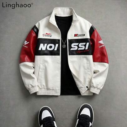 Chaqueta casual de cuero sintético con cuello vuelto, estampado de letras y bloques de color, adecuada para primavera y otoño