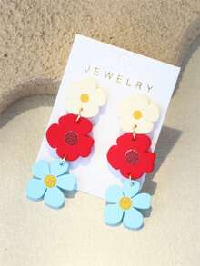 1对女士春夏白色、红色、蓝色花卉印花陶瓷质感INS设计可爱个性亚克力长耳环 - 彩色 - 查看 3