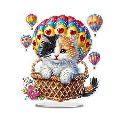 1幅5D DIY钻石画装饰品，热气球上的猫咪设计，钻石艺术马赛克装饰，适合家居装饰、花园、客厅、桌面摆放，是送给朋友生日和节日的绝佳礼物。