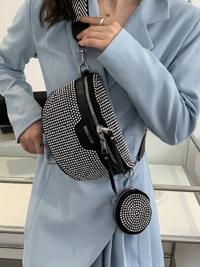 Retro Classic Rhinestone Decor Waist Bag Set, Fashionable Women's Commuter Shoulder Bag, Crossbody Bag, Chest Bag, Coin Purse