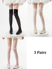 1/3 双春夏薄款过膝袜，芭蕾舞风格交叉绑腿袜，洛丽塔蝴蝶结过膝袜，网眼镂空大腿袜，隐形袜，长筒袜，直筒袜 - 彩色 - 查看 22