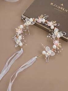 1PC Elegant Romantic Spring/Summer Floral Headband With Flower And Leaf Design Ribbon Hair Accessory, Wedding Bride Headpiece, Birthday Party Hair Accessory, Performance Hairband, Forest Style Hair Decoration - View 9