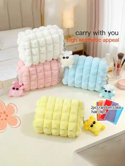 Bộ 1 túi đựng đồ vệ sinh cá nhân + kẹp tóc, túi trang điểm cỡ lớn bằng vải nhung mềm mại màu kẹo ngọt với mặt dây chuyền hình quả bông dễ thương, túi đựng đồ làm đẹp, thích hợp cho du lịch, chất liệu mềm mại.