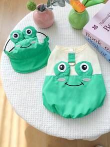 2pcs Pet Costume Hat, Dog Cat Clothes Teddy Poodle Casual Outfit Accessories Set - Cartoon Frog Sun Hat + Cartoon Flower Bud Vest - Frog - Multicolor - View 2