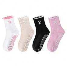 普拉提袜，女士中筒袜，专业胶点防滑瑜伽袜，刺绣蝴蝶结健身运动袜 - 彩色 - 查看 1