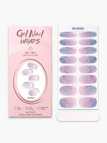 16片春夏紫色渐变闪粉大理石纹半固化凝胶美甲贴，银色星星清新梦幻风格美甲贴纸，自粘易贴，适合女性和女孩居家DIY美甲 - 淡紫色 - 查看 4