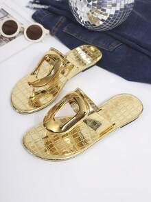 Gold Large Metal Buckle Women's Thong Flat Sandals, Solid Color Flat Sole, Open Back And Toe, Beach Casual Vacation (Runs Half Size Large) - Gold - View 6