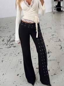 Versatile Zipper Solid Color Low-Waist Flare Pants, Stretchy Trousers Spring Black - Black - View 3