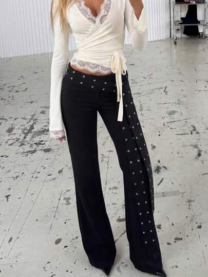 Versatile Zipper Solid Color Low-Waist Flare Pants, Stretchy Trousers Spring