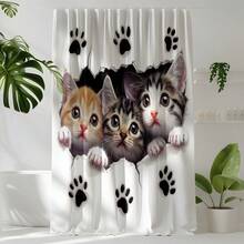 1pc Cute Cat Striped Print Shower Curtain, High Quality Home Decor Curtain, Modern Versatile Bathroom Matching, All Season Shower Curtain With 12 Hooks - S2163 - View 2