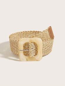 2条装新款复古树脂方扣宽编织腰带，波西米亚风格，适合度假和日常穿着，束腰带 - 米色 - 查看 1