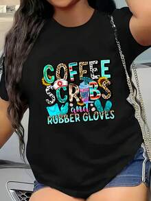 Talla Grande - Uniformes Divertidos para Enfermeras - Camiseta de Gran Tamaño con Estampado "Coffee Scrubs & Rubber Gloves", Camisa de Trabajo Elástica de Mezcla de Poliéster para Enfermeras - Negro - Ver 3