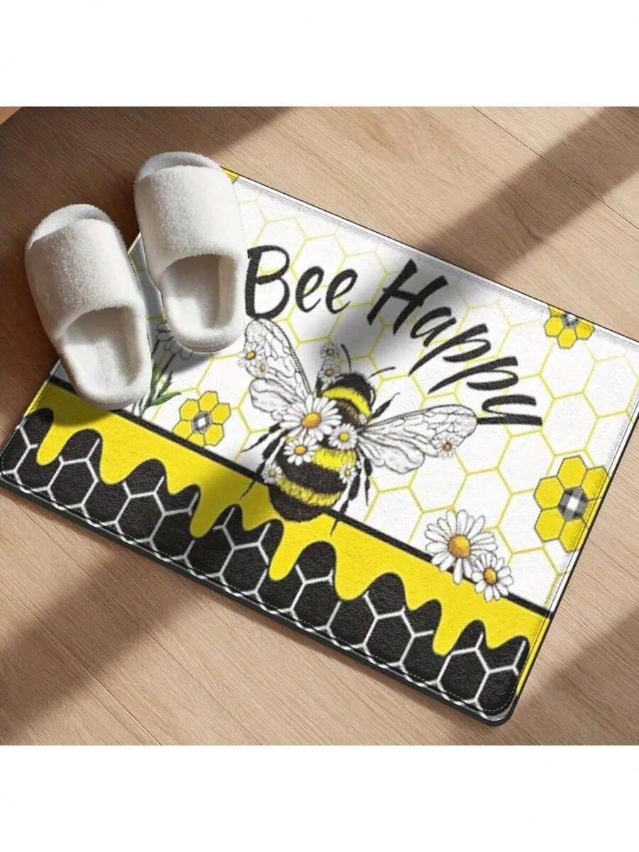 1pcs Honey Daisy Non-Slip Floor - Cute & Honeycomb Bathroom With Honey Pot Design, Soft Yellow/Black/Green Beekeeping Theme Kitchen,, Room - Hand Washable -Like Texture, Welcome, Mats, Rugs, Entrance Door, Mud Room Winter, Door, Bath, - 紅白色 - 查看 1