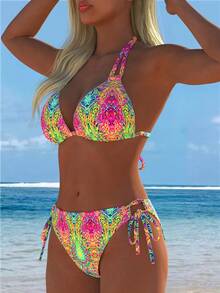 Vibrant Pattern Women's Bikini Set, Deep V Neck And Lace Up Details For A Sexy And Casual Beach Look - [多色] - 查看 2