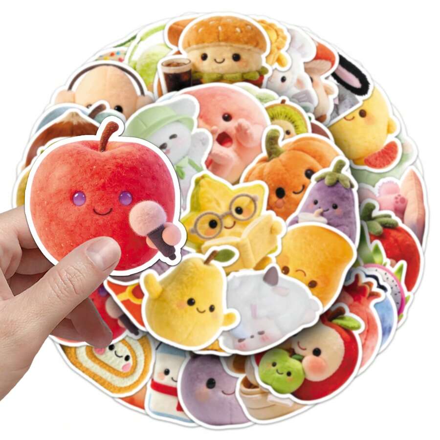 50 piezas de pegatinas lindas de comida y animales de peluche, calcomanías de dibujos animados esponjosos y estéticos para botellas de agua, portátiles, diarios y fundas de teléfono - Multicolor - Ver 1