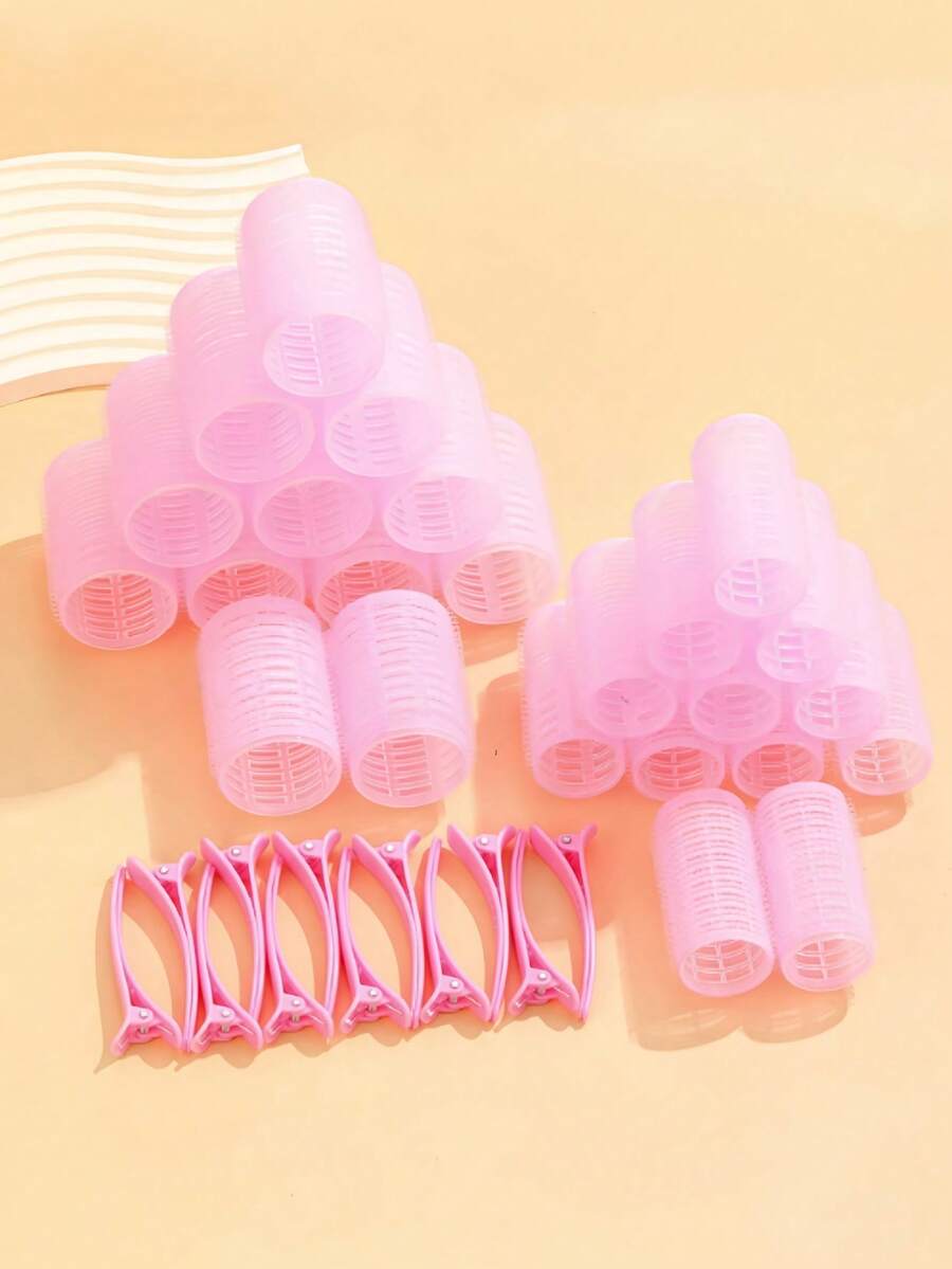 36件套自粘式卷发器套装,包含24个卷发器和12个发夹,沙龙级卷发器,适合DIY美发造型,无需加热,卷发器 - 粉色 - 查看 1