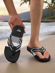 Men's Striped Outdoor Woven Fabric Flip Flops, Lightweight Soft Sole Slip-On Beach Sandals, Spring/Summer - Black - View 9