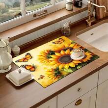 1pc Sunflower Print Kitchen Counter Dish Drying Mat, Super Absorbent, Hides Stains, Rubber Backed Multi-Purpose Dining & Kitchen Pad, Suitable For Coffee Maker, Dish Rack, Coffee Table, Countertop - Multicolor - View 13