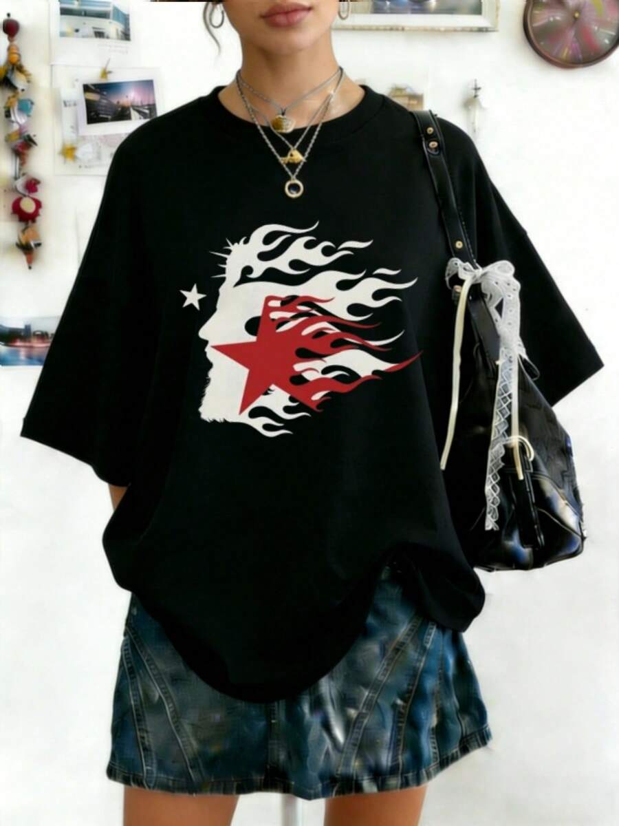 Plus Size Hellstars Flame Head Star Logo Y2K Graphic T-Shirt,220g 100% Cotton,Round Neck Short Sleeve,Black Streetwear Essential For Summer Going Out,Unisex Style - 黑色 - 查看 1