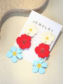 1对女士春夏白色、红色、蓝色花卉印花陶瓷质感INS设计可爱个性亚克力长耳环 - 彩色 - 查看 7