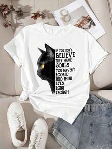 T-shirt da donna con grafica di gatto nero, casual primaverile, 100% cotone, stampa artistica, street hip-hop, traspirante - Bianco - Visualizzare 2