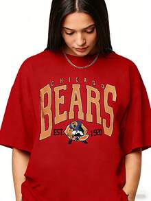 Vintage Chicago Sweatshirt Vintage Bears Unisex Shirt, American Bootleg, Oversized Short Sleeve Classic Heavy Cotton Shirt Printed Graphic Tee Women's Casual Short-Sleeved TopSports Short Sleeves - Đỏ - Xem 4