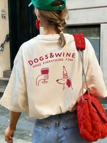 2026 Cartoon Puppy & Red Wine Graphic Print Crew Neck Short Sleeve T-Shirt. New Minimalist Women's T-Shirt With A Cute Pattern, Casual Holiday Style, Relaxed Fit, Crew Neck And Short Sleeves. - 黑暗的 - 查看 9