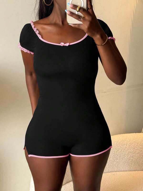 LovelyWholesale Women's Casual Square Neck Short Sleeve Ruffle Hem Solid Color Romper, Summer Outfit