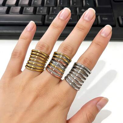1 pieza Anillo de moda elegante de estilo francés minimalista con 7 capas y círculos exagerados para mujeres, hecho de acero inoxidable 316, con chapado de vacío de 18K por dentro y por fuera, duradero, resistente al agua y a la decoloración, adecuado para uso diario casual, viajes y playa